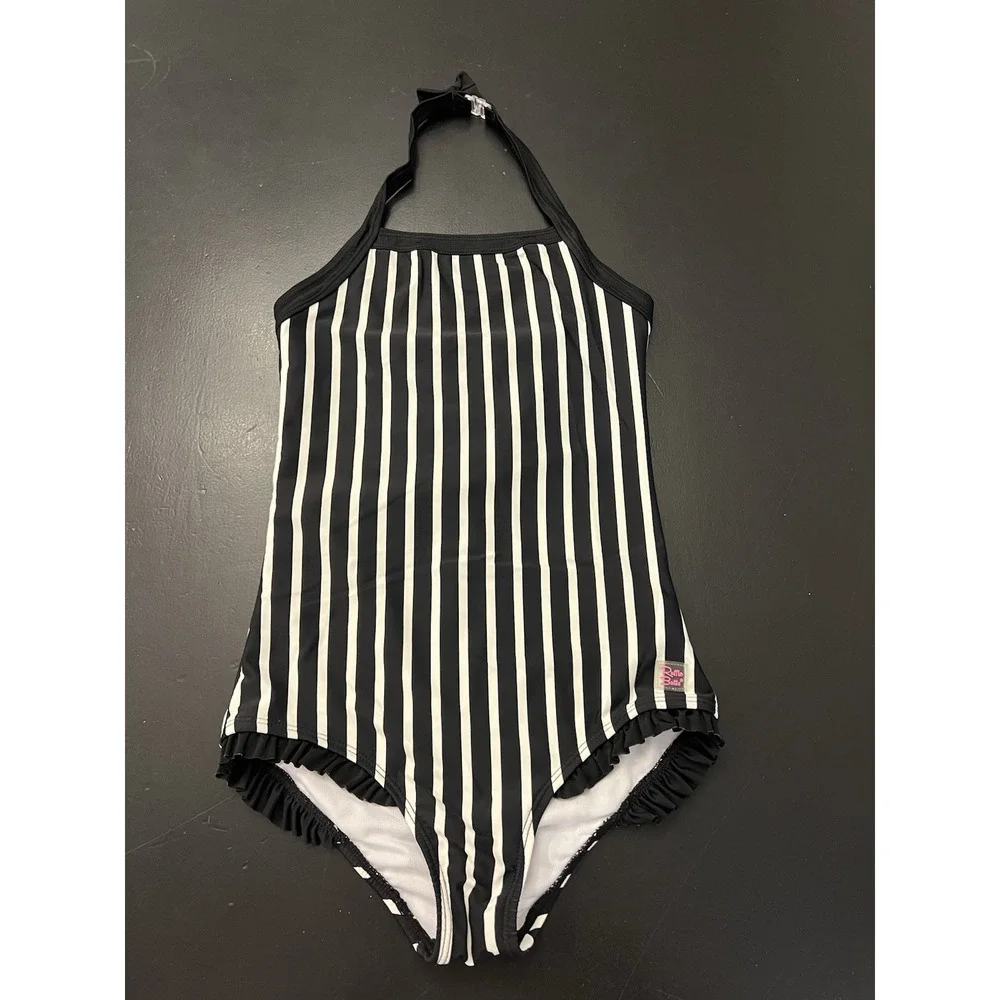 RuffleButts Black & White Striped Halter One-Piece Swimsuit Sz 8